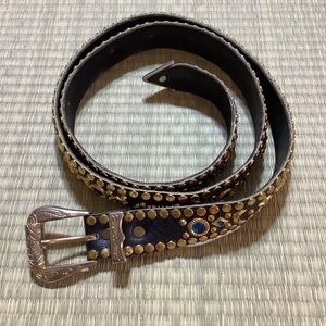 Kippys Studded Leather Belt with MCM Buckle Celestial Roses Colored Stones